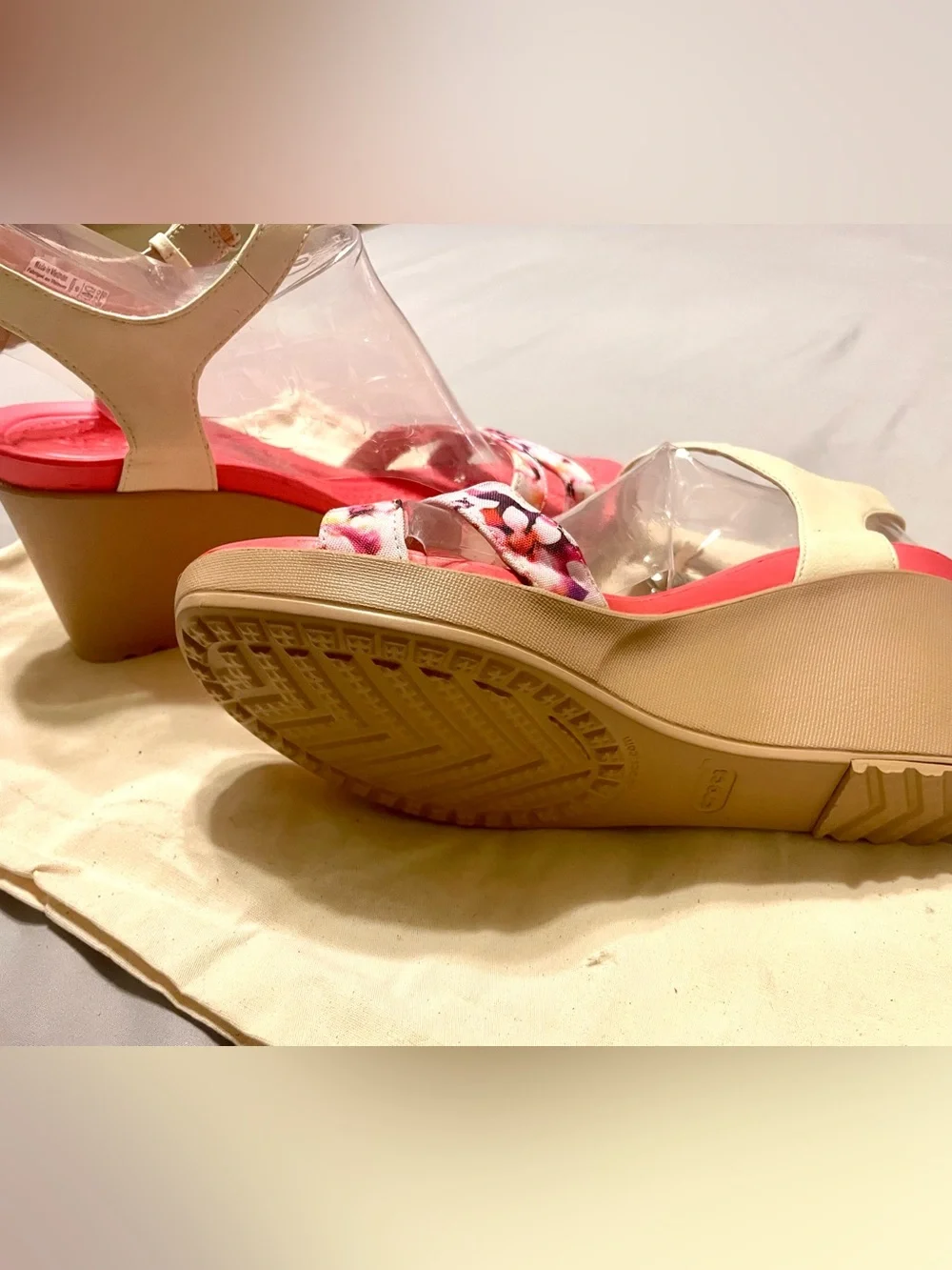 CROCS Pink Floral Wedge Sandals with Cream Ankle Strap